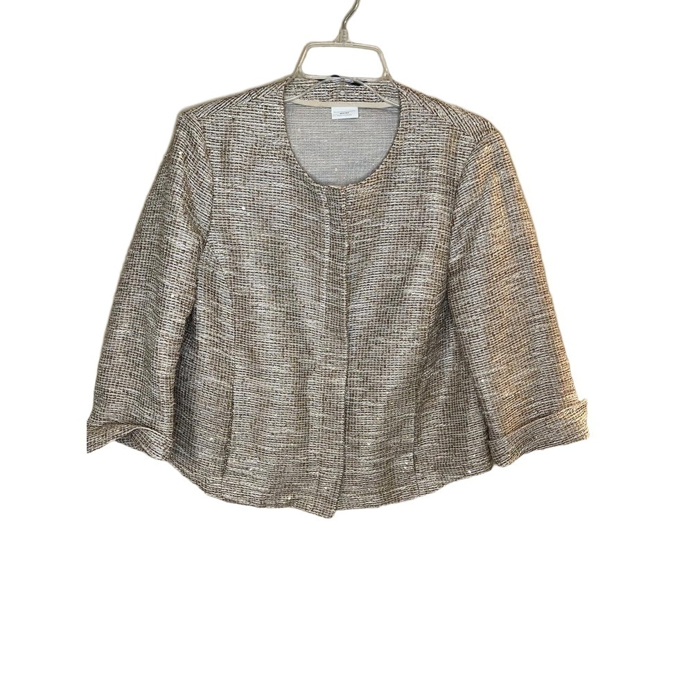 Les Copains Blue Tweed Sequin Textured 3/4 Sleeve Cropped Jacket Womens Large